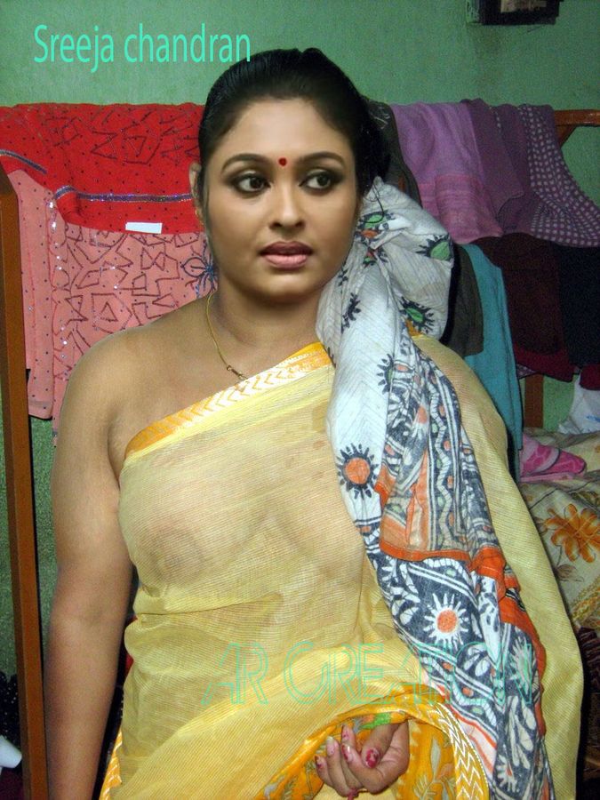 Sreeja Chandran nipple visible in transparent saree without blouse