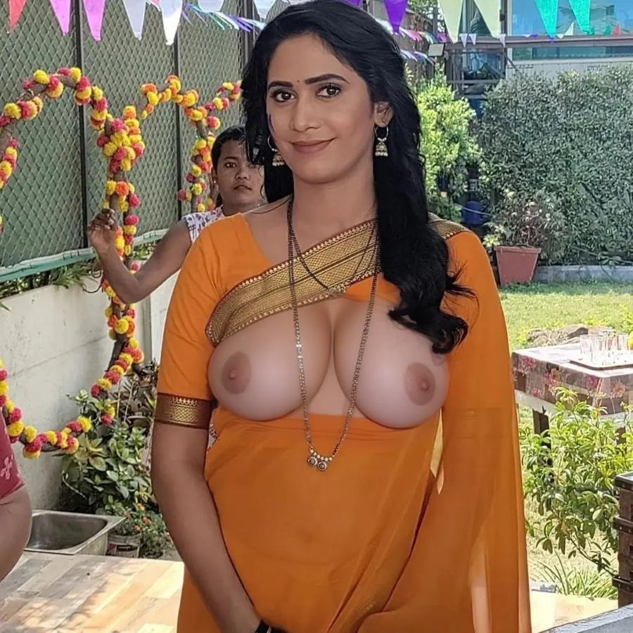 Yogita Chavan open blouse nude boobs nipple yellow saree removed