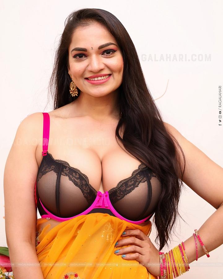 Ashwini Sri yellow saree blouse removed big boobs nipple show
