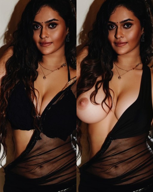Prajakta Dusane black bra big boobs nipple hot saree