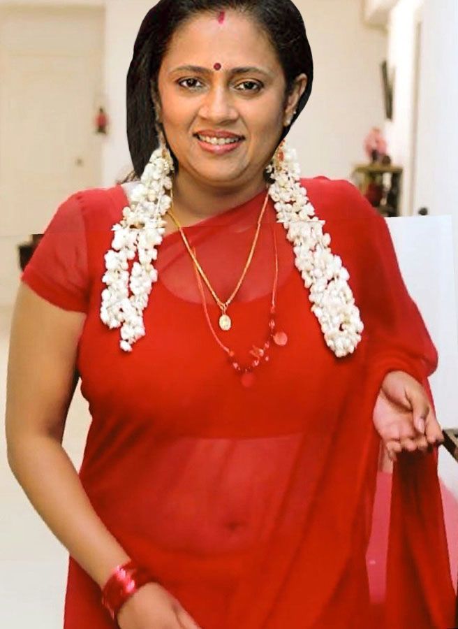 Hot mom Lakshmy Ramakrishnan wearing transparent red Saree deep navel see though