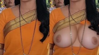 Yogita Chavan open blouse nude boobs nipple yellow saree removed