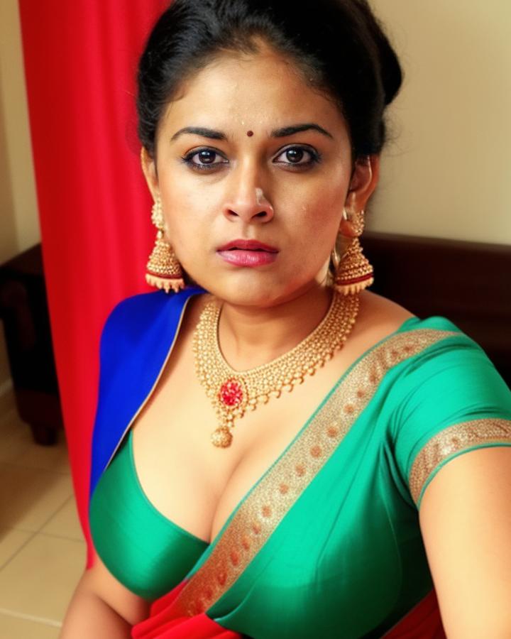 Keerthy Suresh cleavage selfie hot Saree low neck blouse