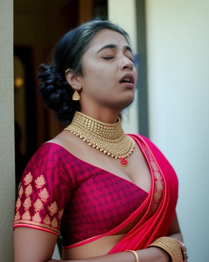 Priyanka Arul Mohan low neck red blouse cleavage hot saree