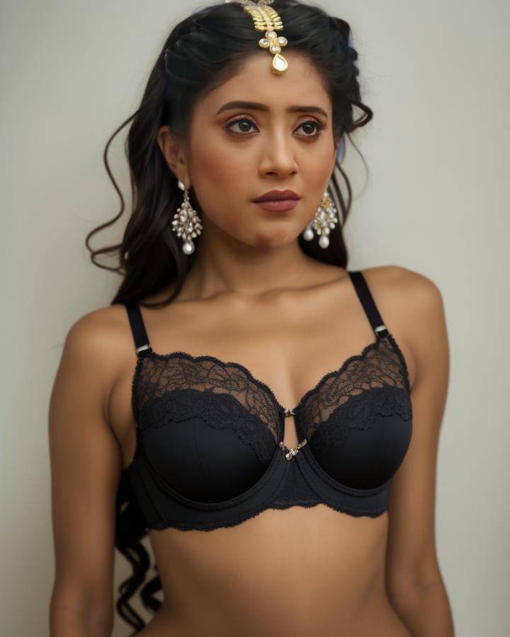Shivangi Joshi black lace bra without blouse saree pose